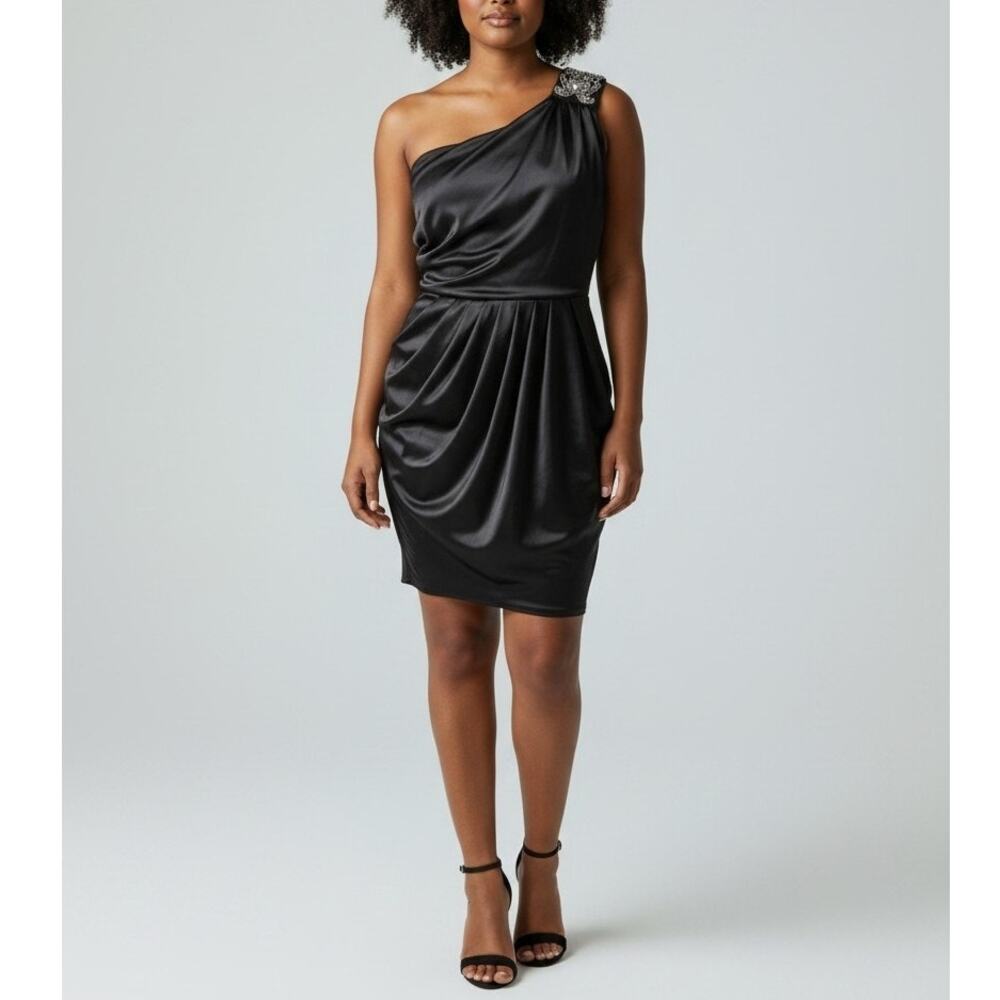 Vintage Y2K BCX One Shoulder Black Cocktail Dress Goth Glam USA L